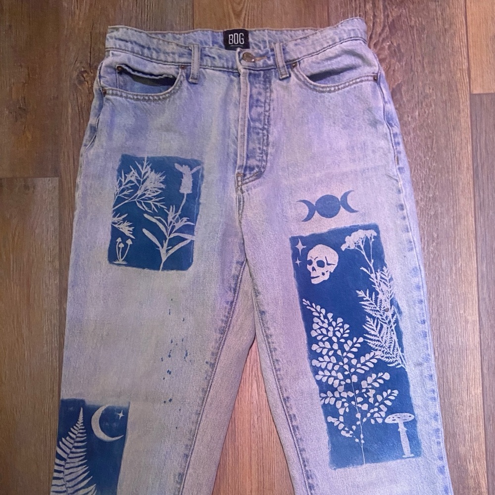 BDG Light Blue Slim Straight Jeans with One of a Kind Cyanotype Print